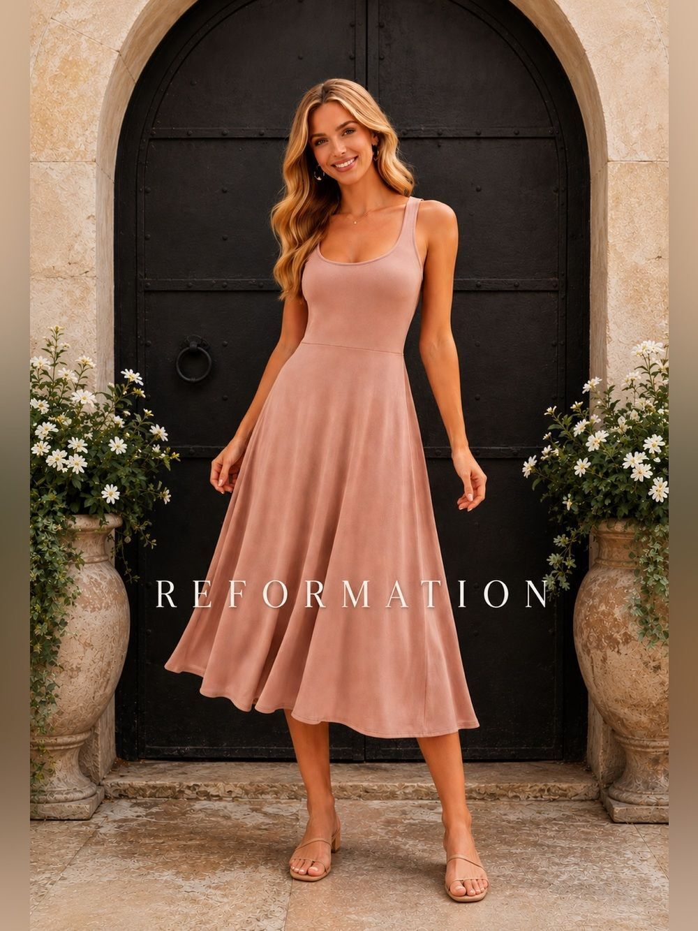 NWOT Reformation Blush Pink Midi Dress M Tencel Fit & Flare Sustainable